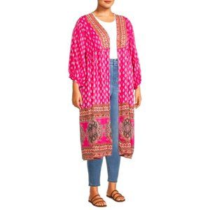 Women's Plus Size Crochet Trim Puff Sleeve Kimono Pink
